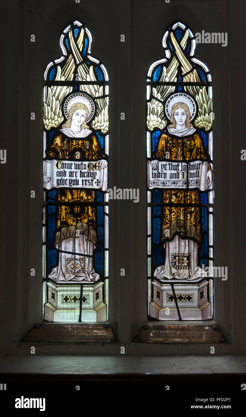 Angels stained glass, St. Peter and St. Paul`s Church, Hathern, Leicestershire, England, UK Stock Photo